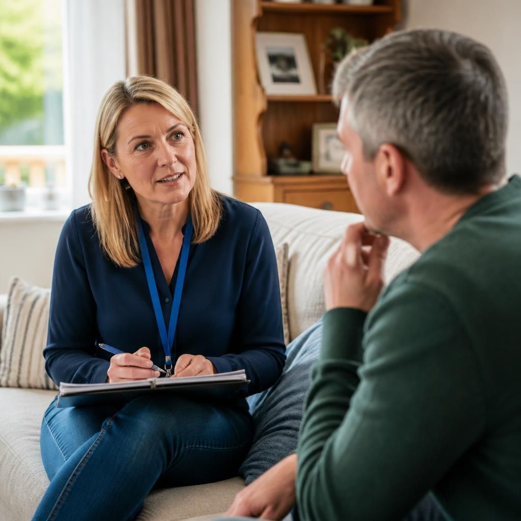 Foster carer speaking with a support worker during a home visit