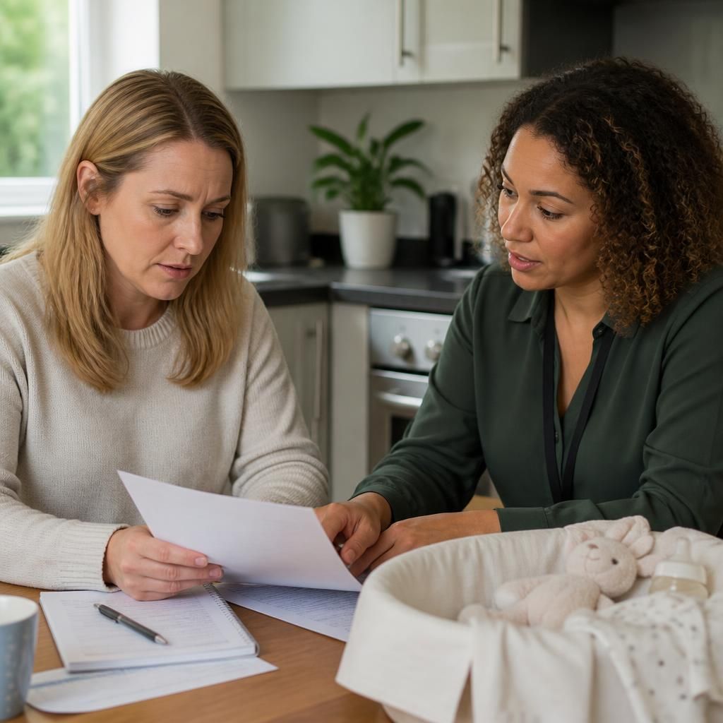 Foster carer reviewing baby care documents with a social worker at a table