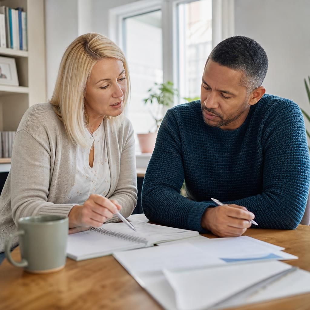 Foster carer completing training with a tutor at a table