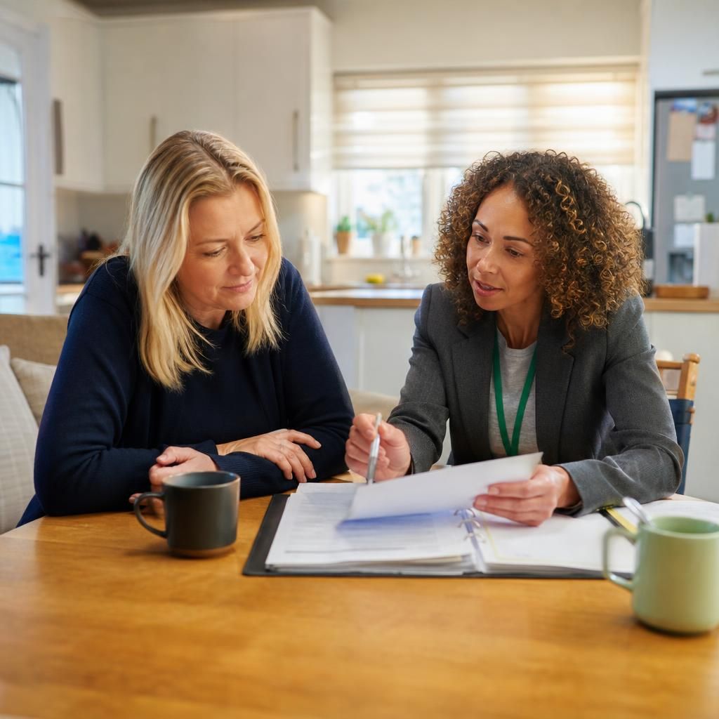 Foster carer and social worker reviewing emergency placement paperwork