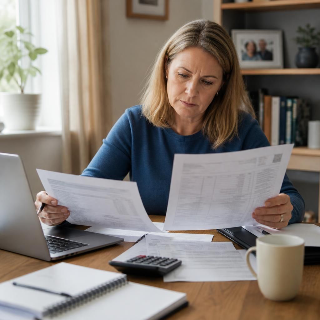 Foster carer reviewing weekly payment statements and tax records at a desk