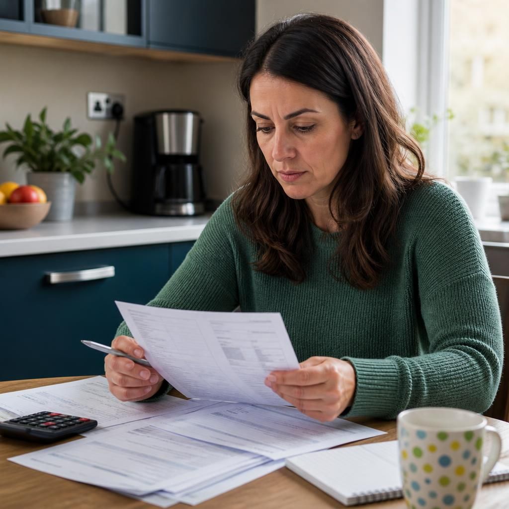Foster carer reviewing household expenses and payment information at a kitchen table