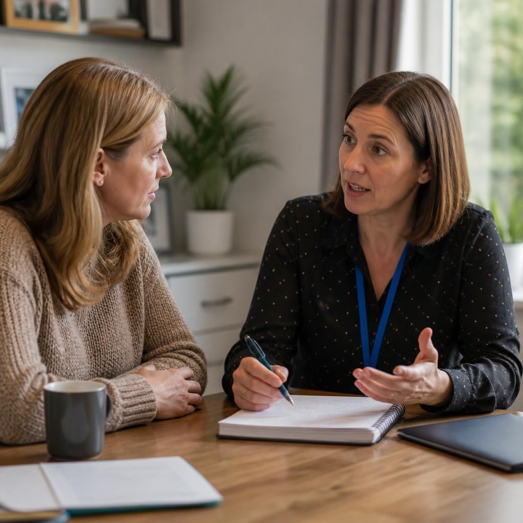 Foster carer and support worker discussing notes at a table