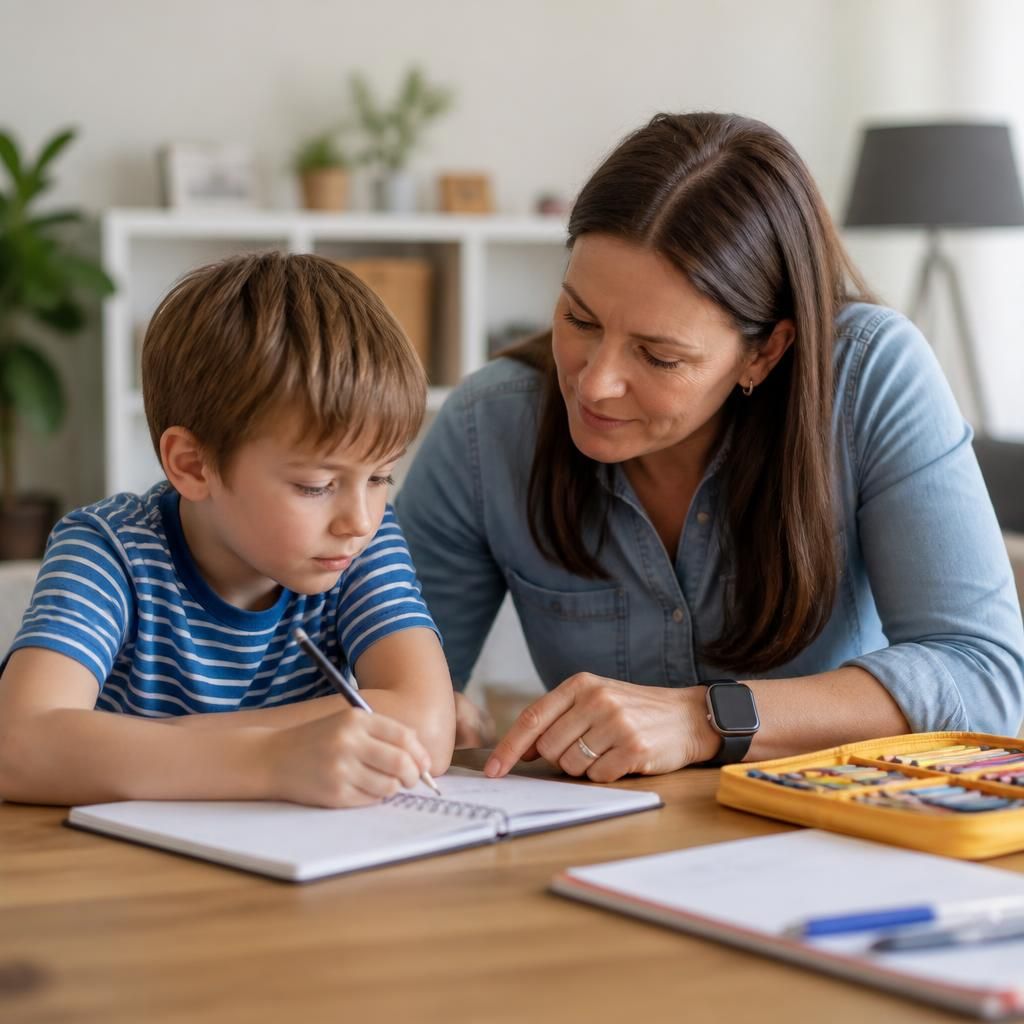 Foster carer helping a child with everyday activities at home