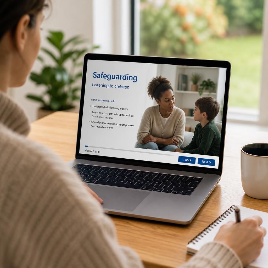 Laptop displaying an online foster carer training module about safeguarding