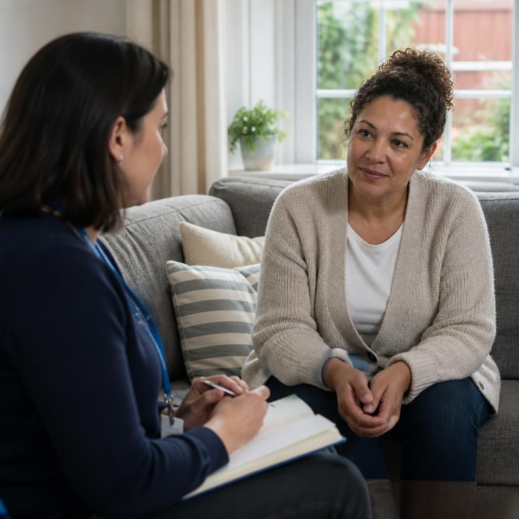 Foster carer speaking with a social worker during a home assessment