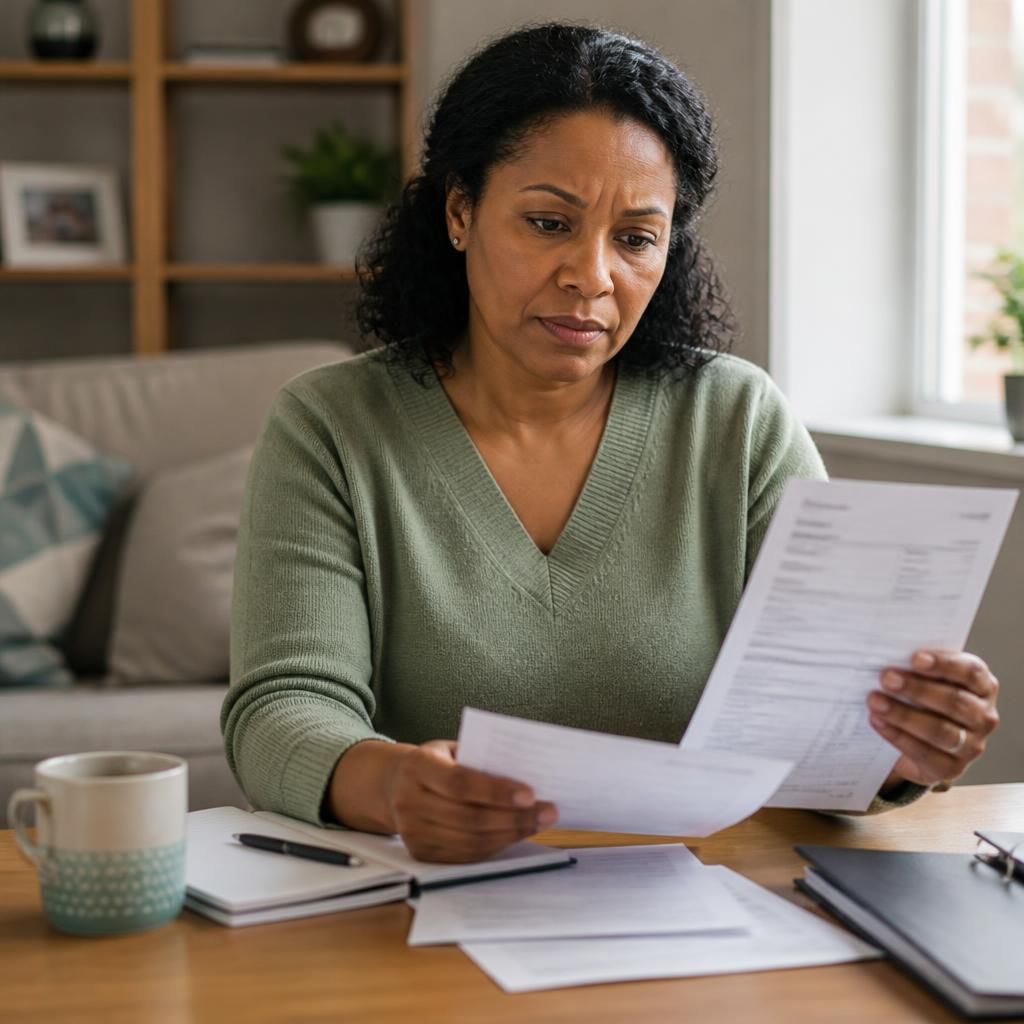 Foster carer reviewing approval documents and a council tax bill at a desk