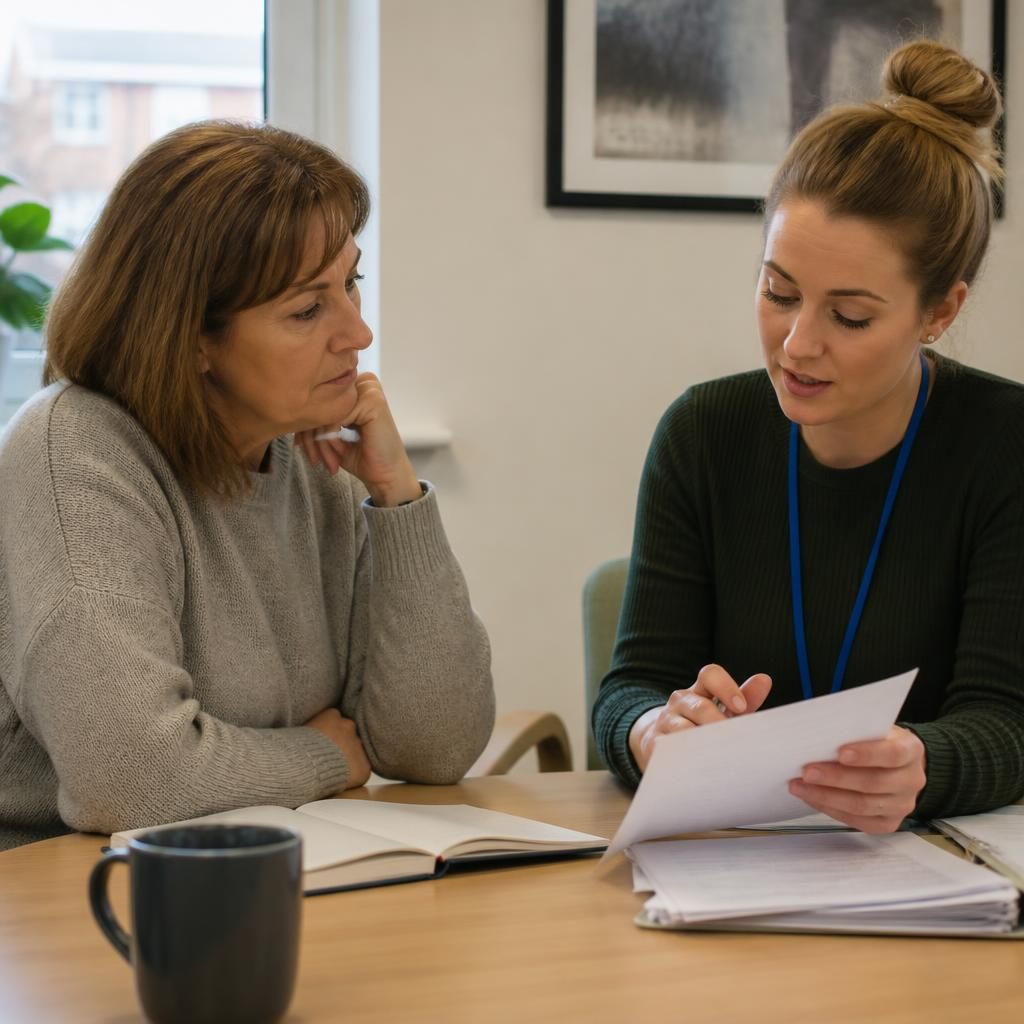Foster carer discussing a child’s placement information with a social worker