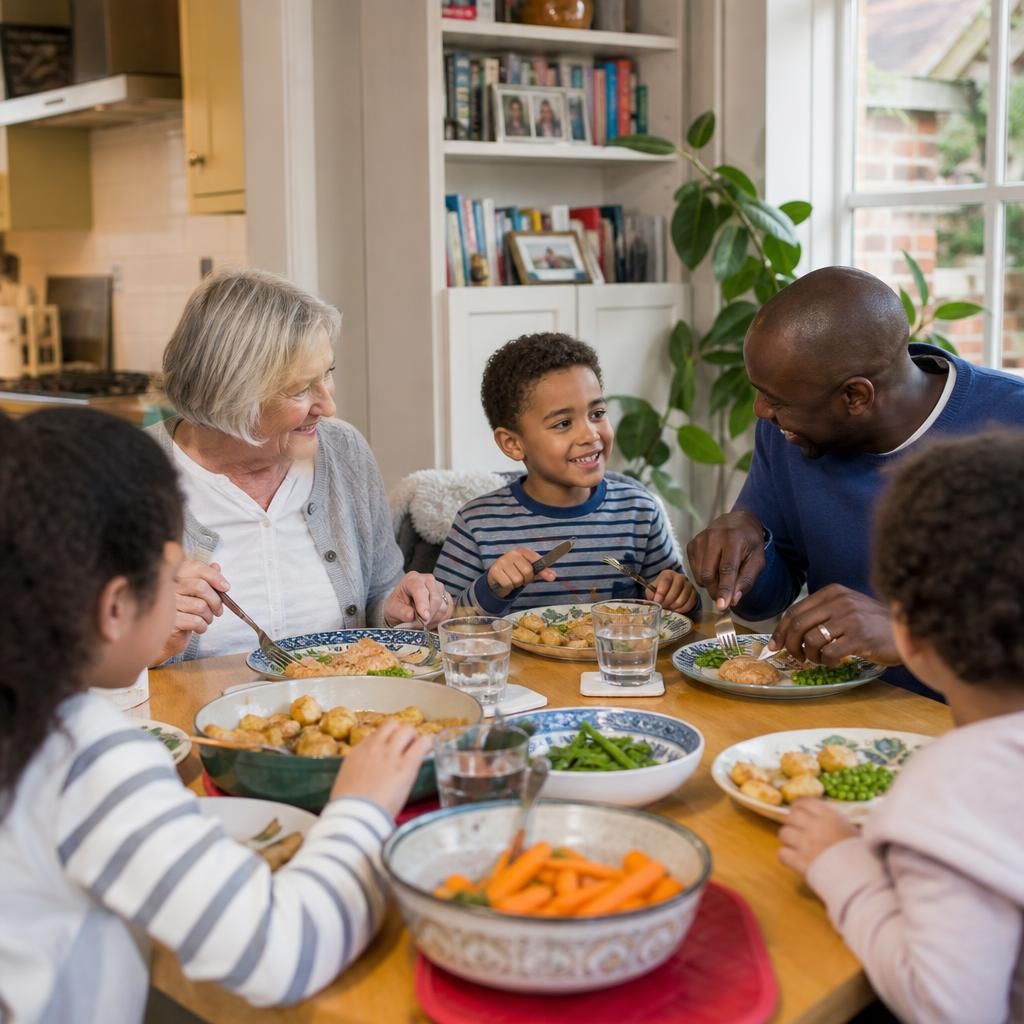 Kinship family sharing a meal at home