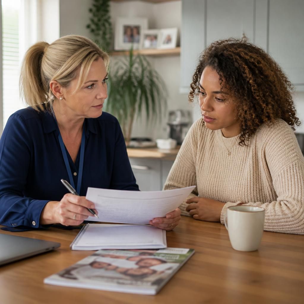 Foster carer reviewing payment documents with a fostering adviser
