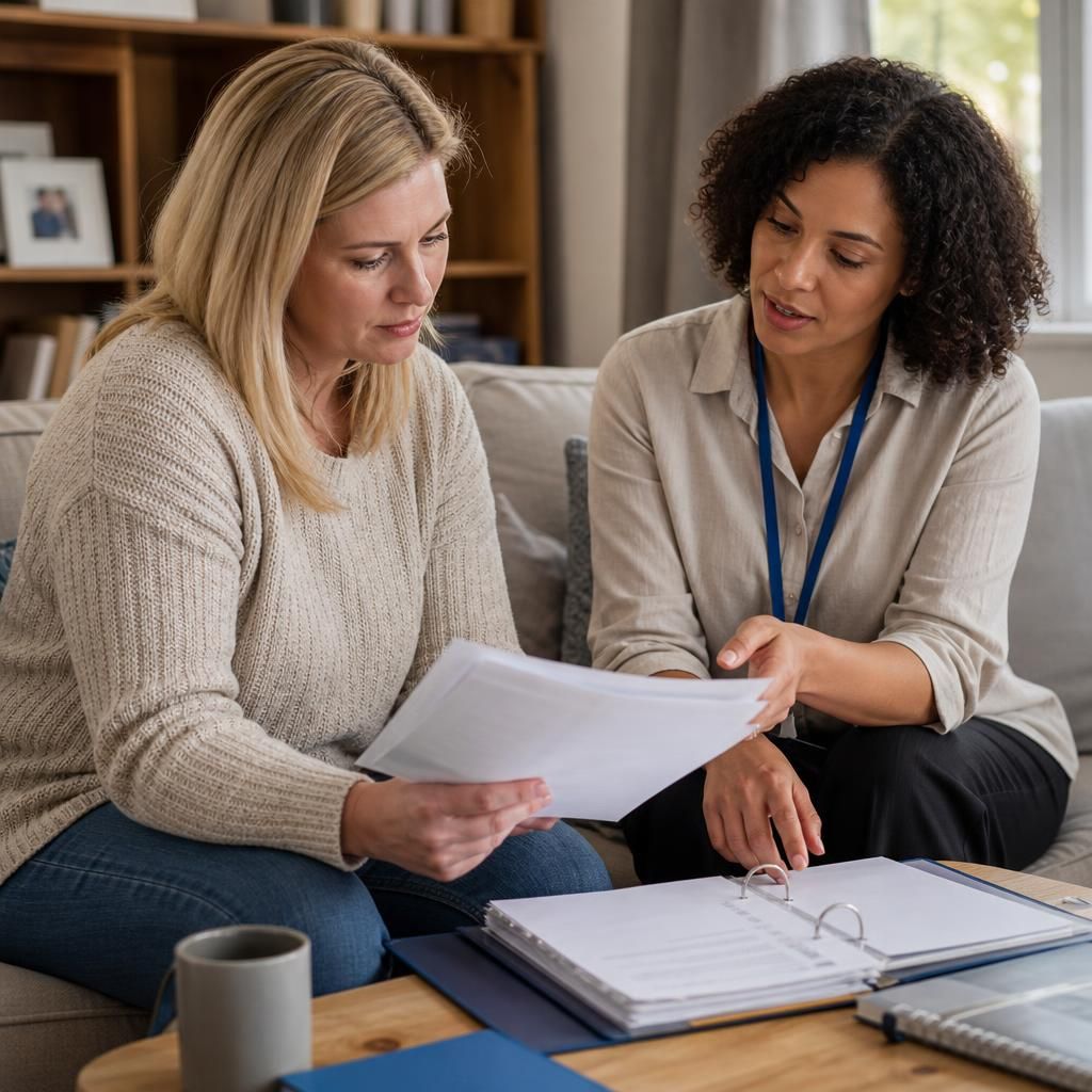 Foster carer reviewing assessment documents with a social worker