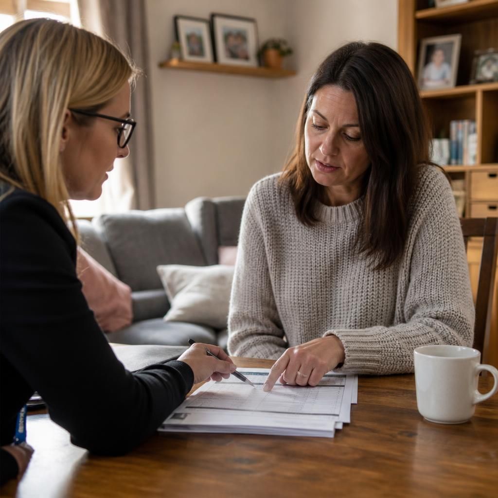 Foster carer reviewing placement payment records with a social worker