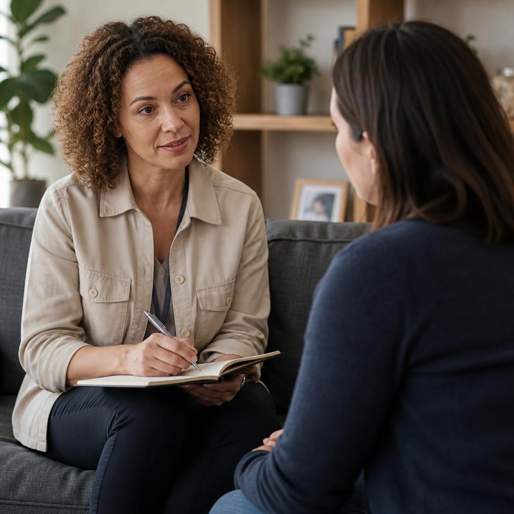 Foster carer speaking with a social worker during a support meeting