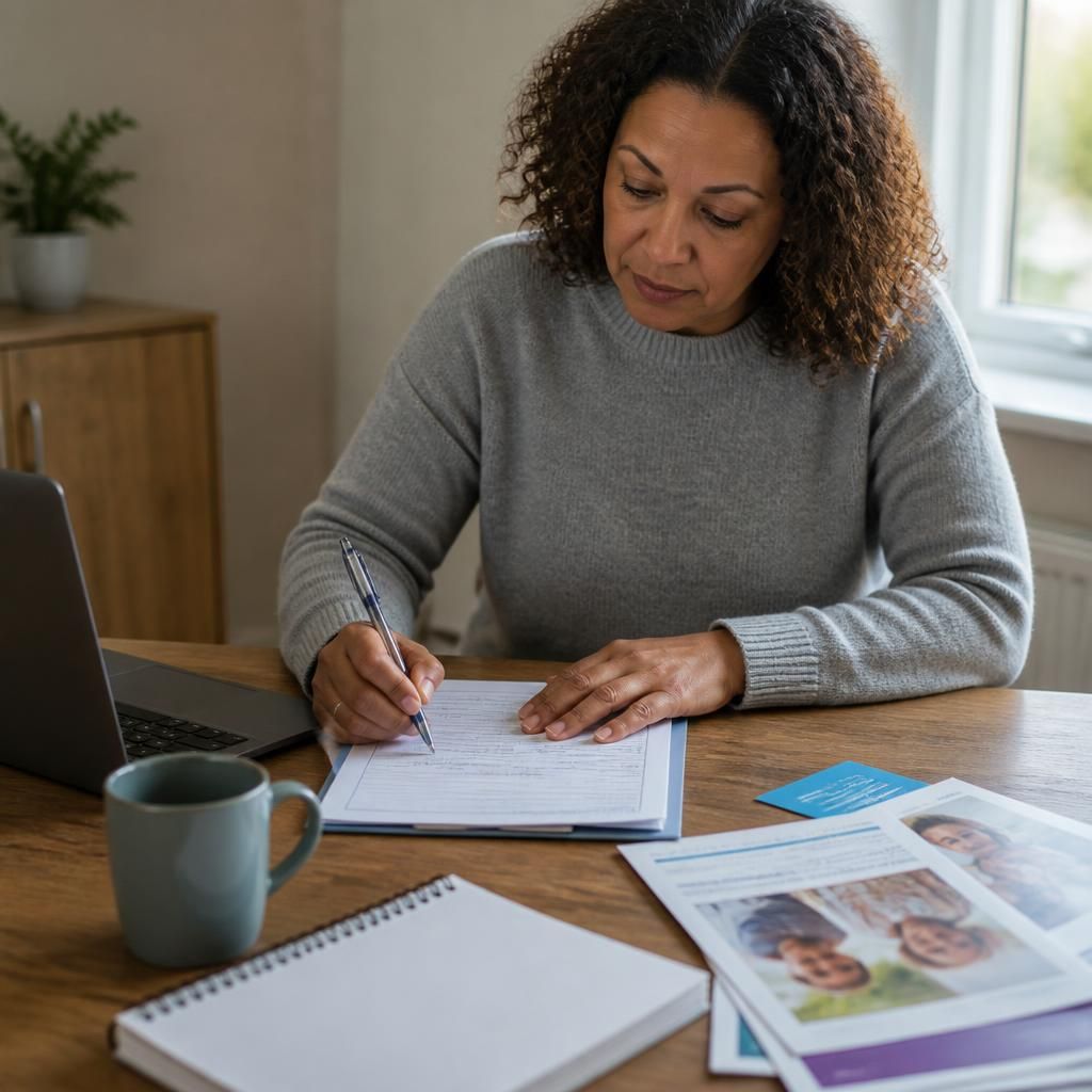 Foster carer completing a grant application form beside supporting documents