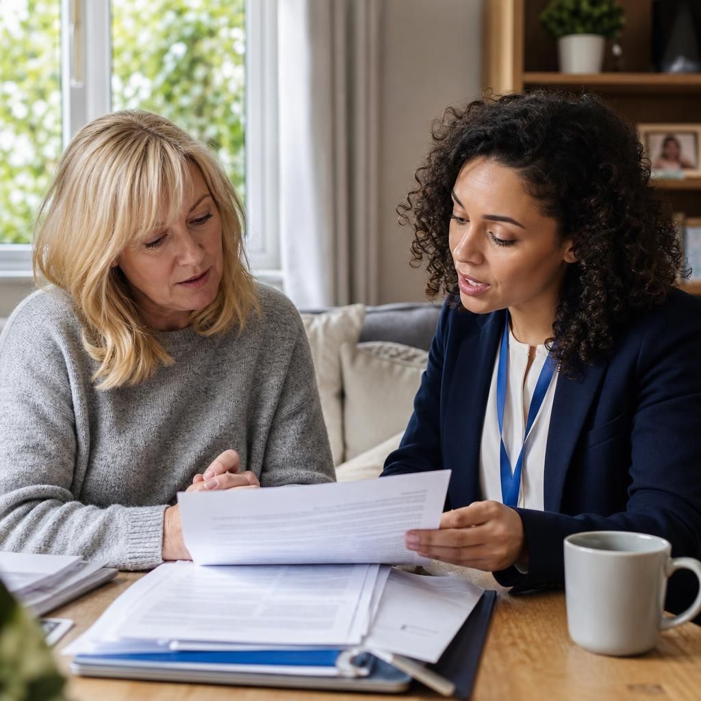 Foster carer reviewing statutory assessment documents with a social worker