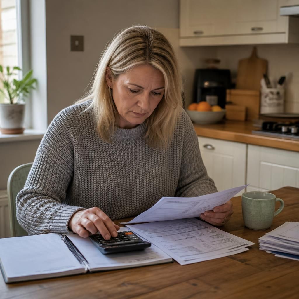 Foster carer reviewing payment documents at a kitchen table