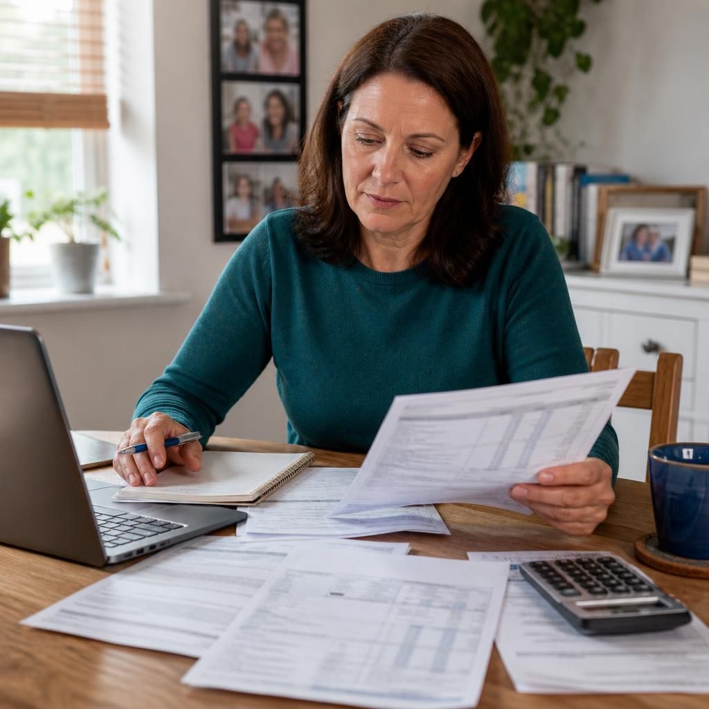 Foster carer reviewing grant paperwork alongside fostering payment records