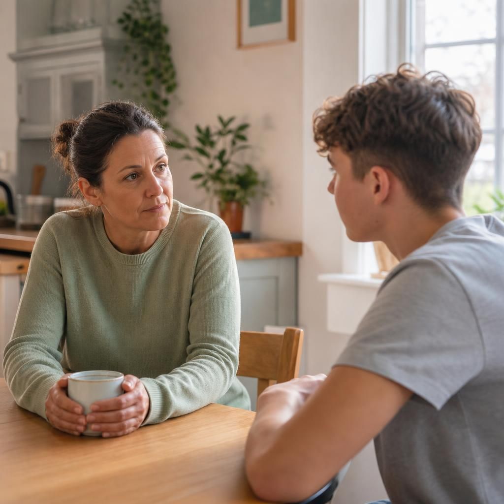Foster carer talking with a young person during a calm conversation
