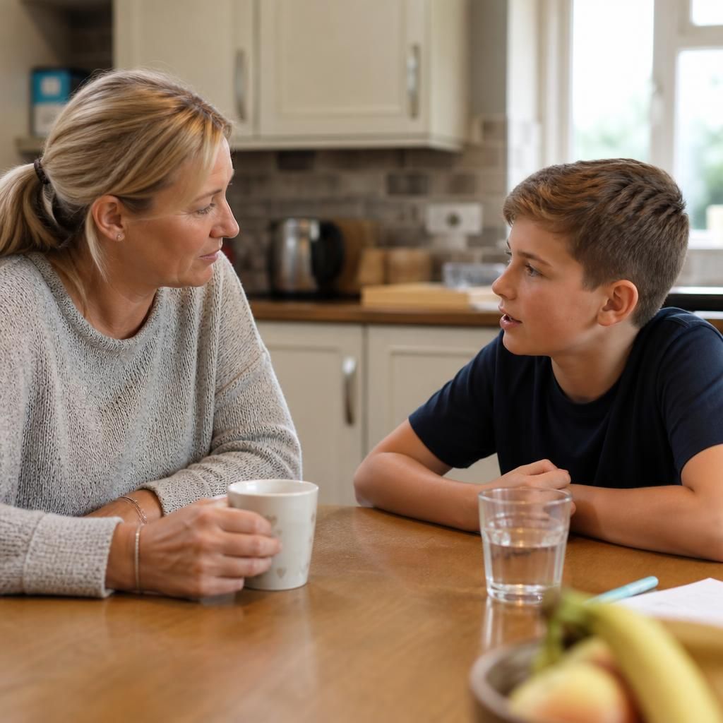 Foster carer and child talking together at a kitchen table