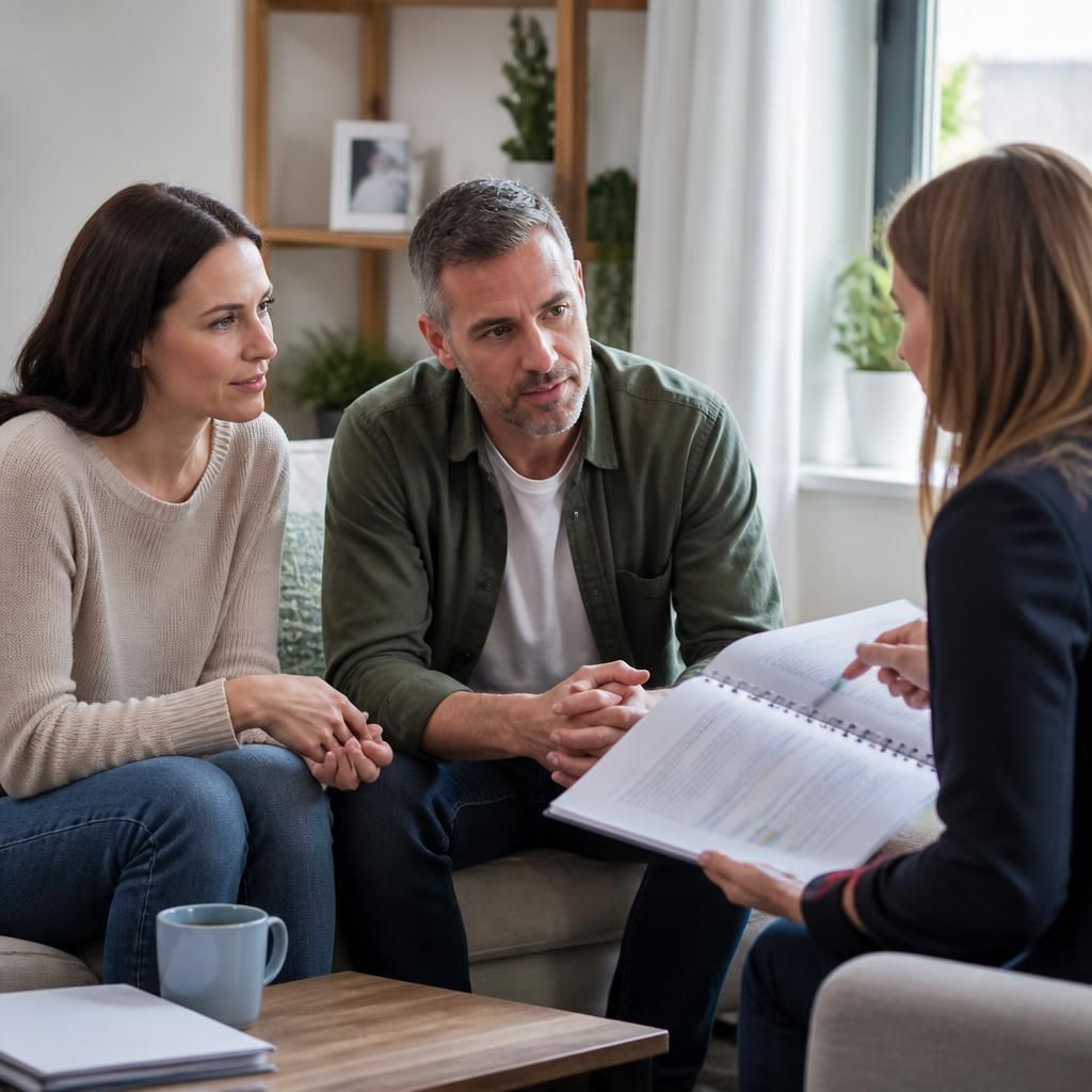 Foster carers discussing training materials with a social worker