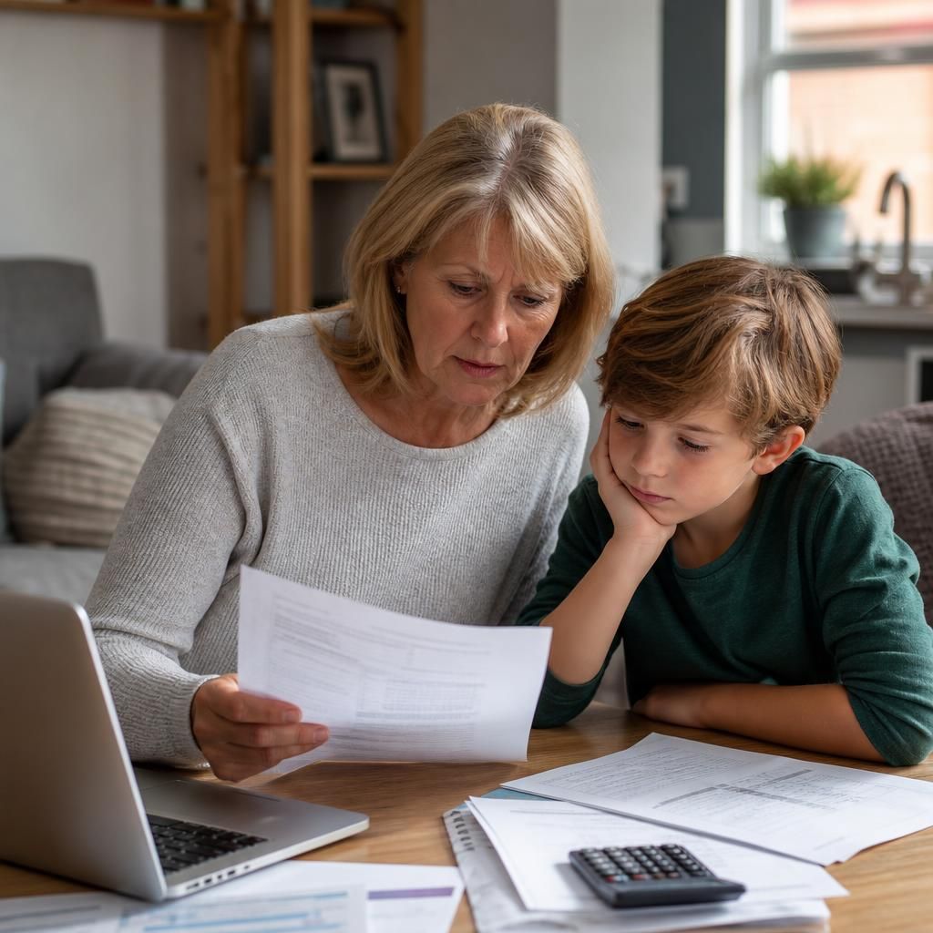 Kinship carer reviewing paperwork with a child at home