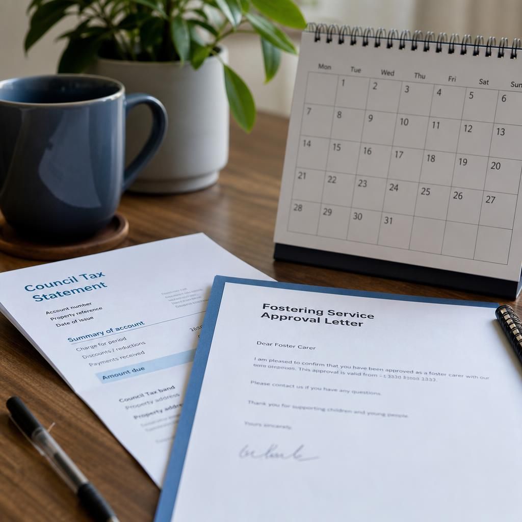 Council tax statement and fostering approval letter beside a calendar
