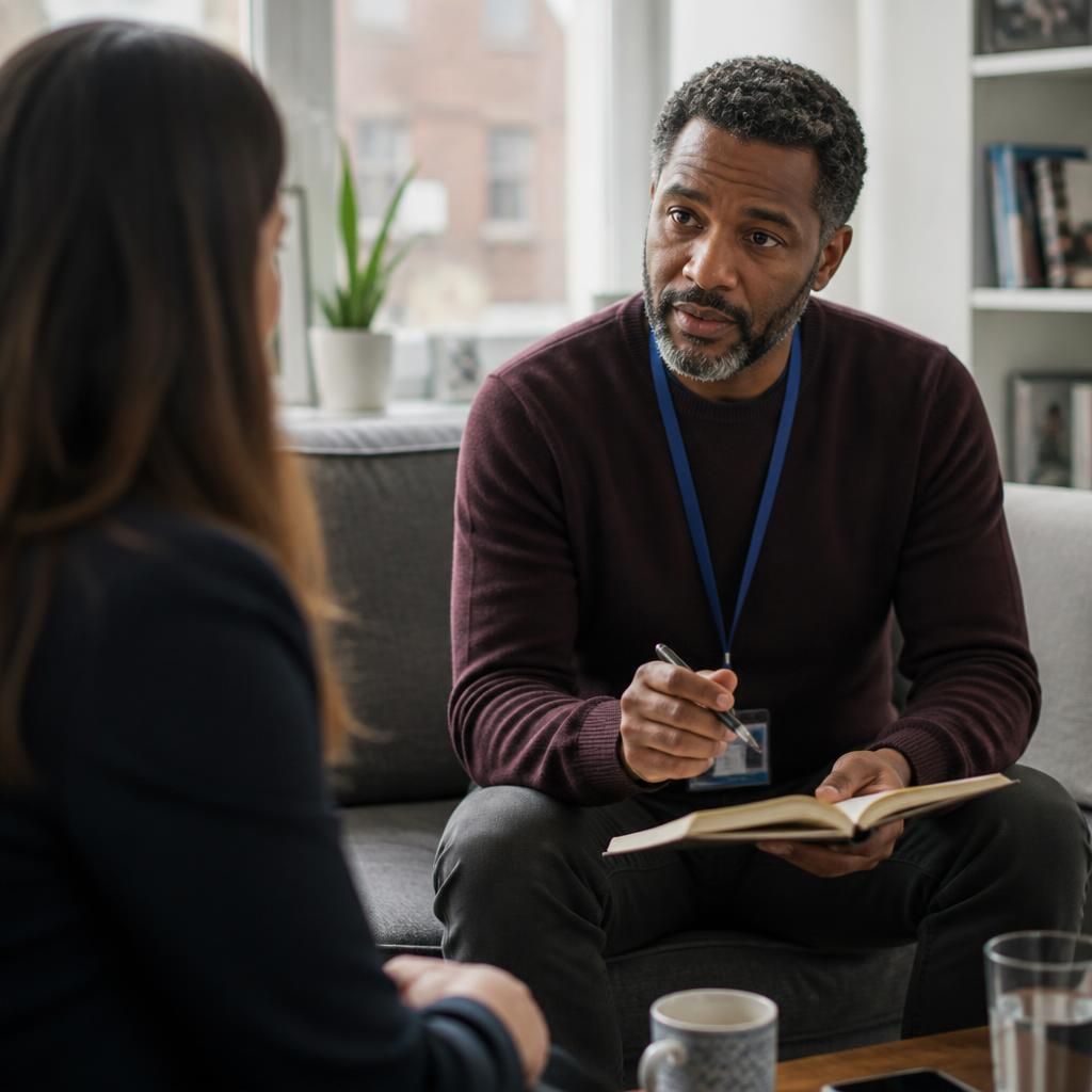 Single foster carer discussing support with a fostering social worker