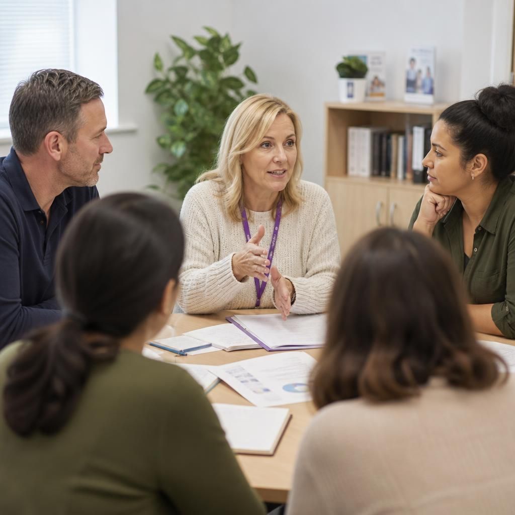 Foster carer training group discussing a case study with a facilitator