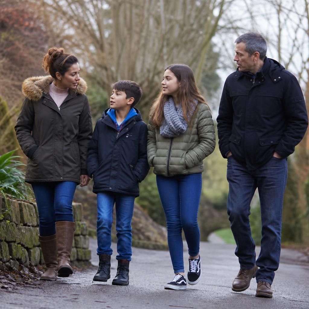 Family walking together outdoors while talking