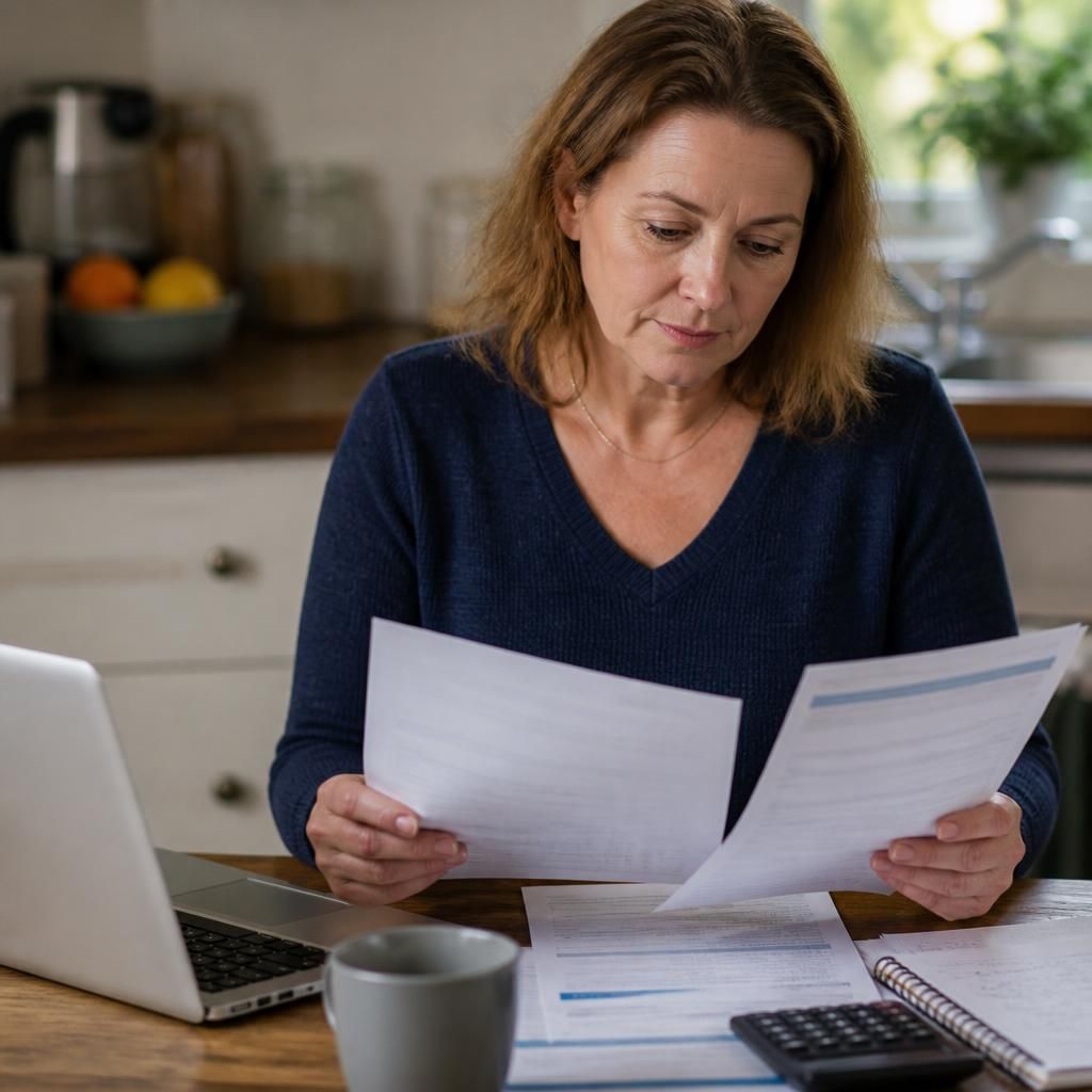 Person reviewing pension statements and financial documents at a desk
