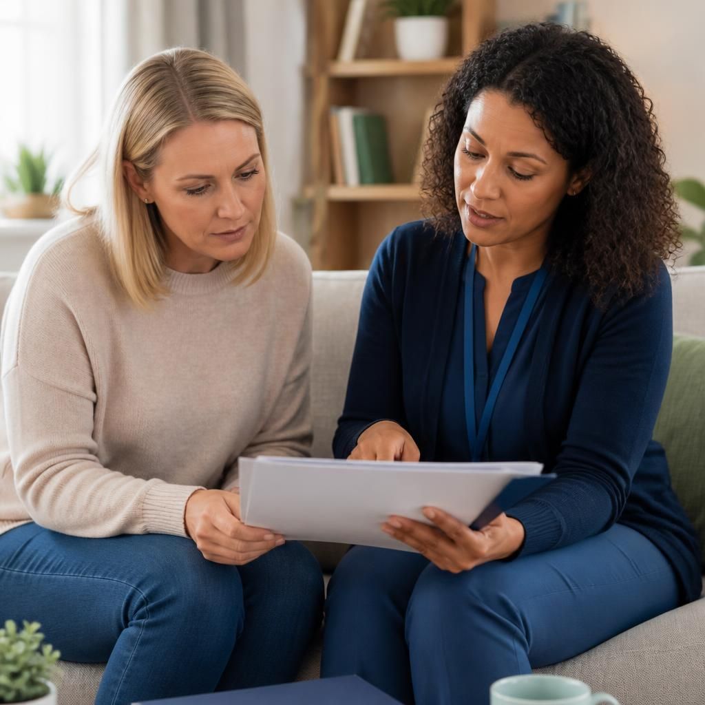 Foster carer reviewing placement guidance with a social worker