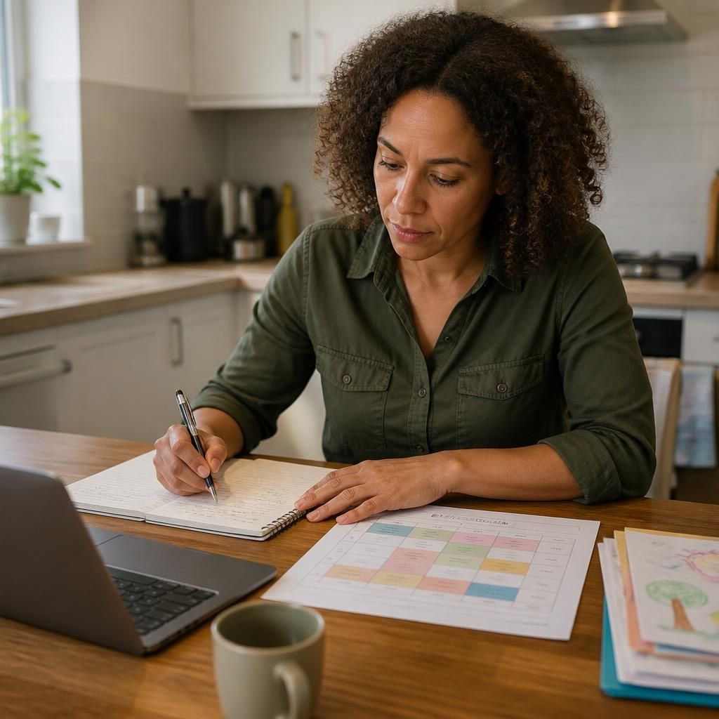 Foster carer reviewing a work schedule and child’s care plan at a kitchen table