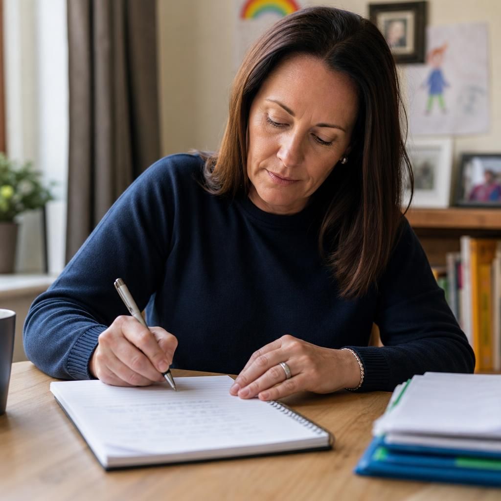 Foster carer writing notes in a placement record