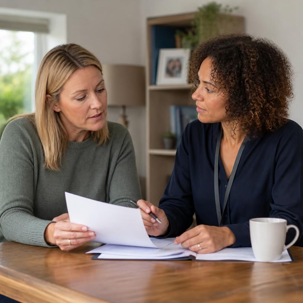 Foster carer reviewing payment information with a supervising social worker