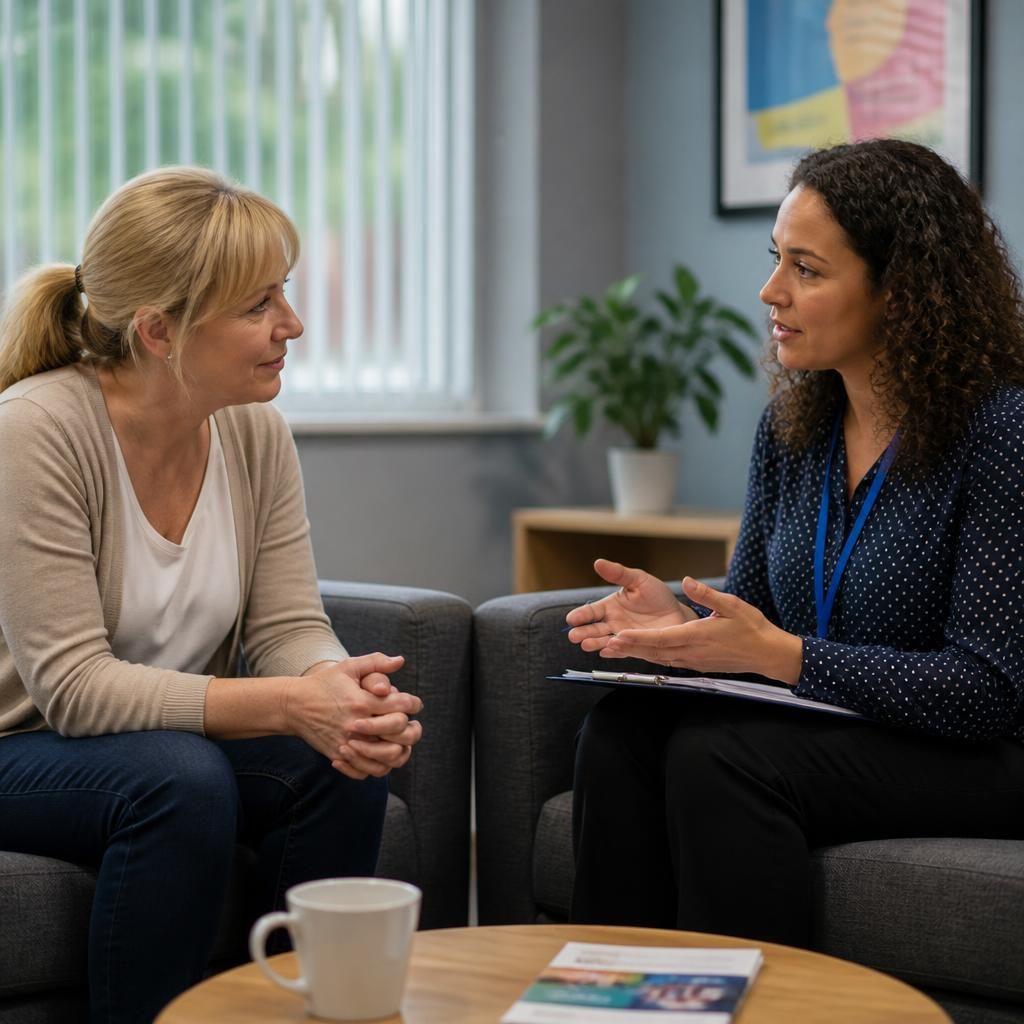 Foster carer discussing a child's care arrangements with a social worker