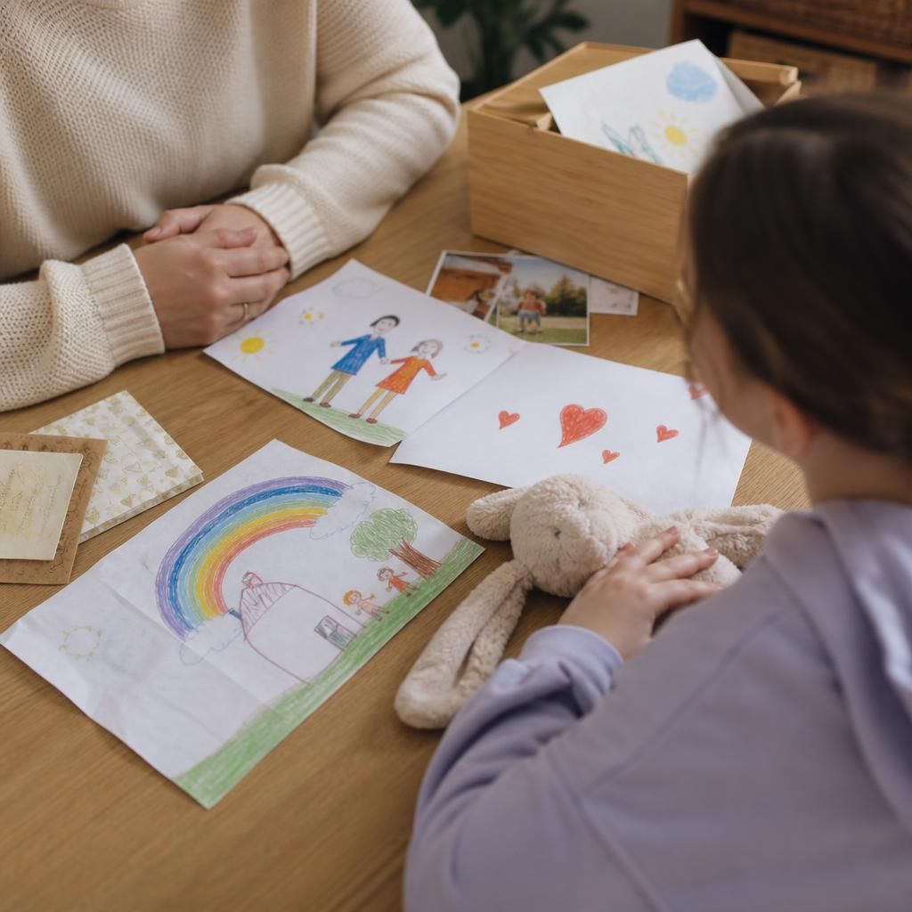 Children’s drawings and keepsakes arranged on a table during a foster placement transition