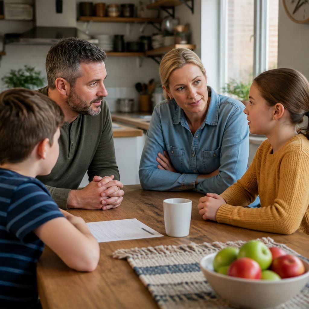 Parents and children discussing fostering around a kitchen table