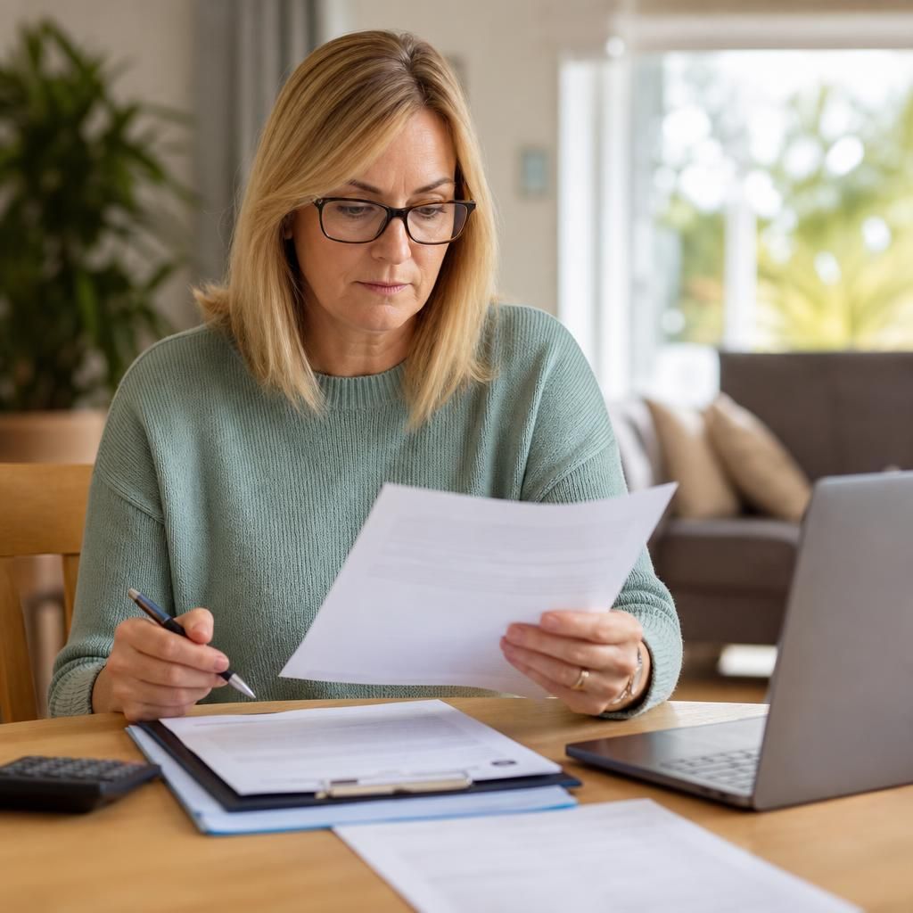 Foster carer reviewing a written fostering agreement and payment documents