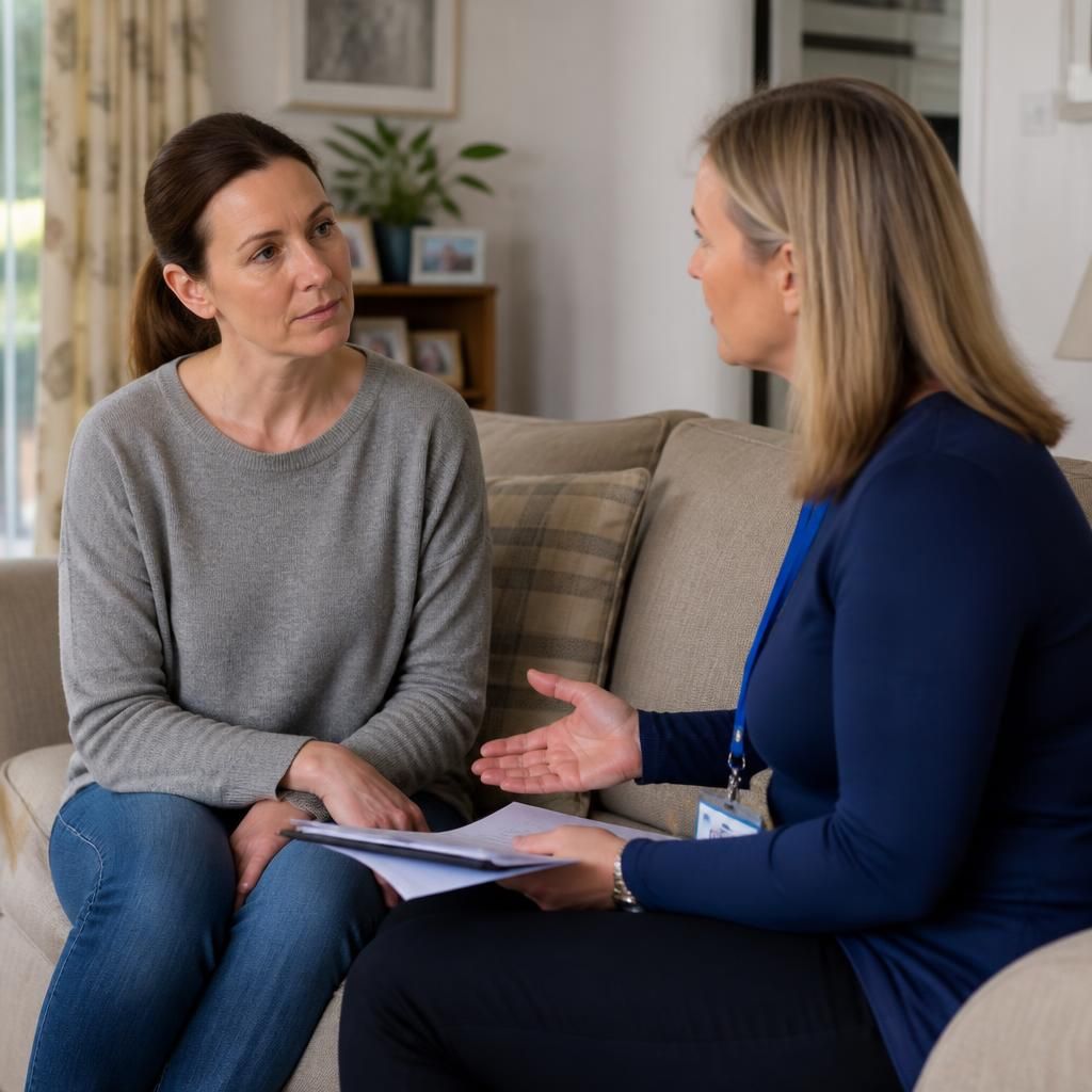 Social worker speaking with a private foster carer in a home setting