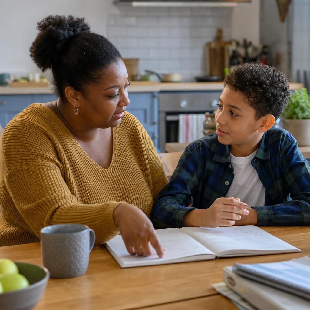 Foster carer and child discussing activities at a kitchen table