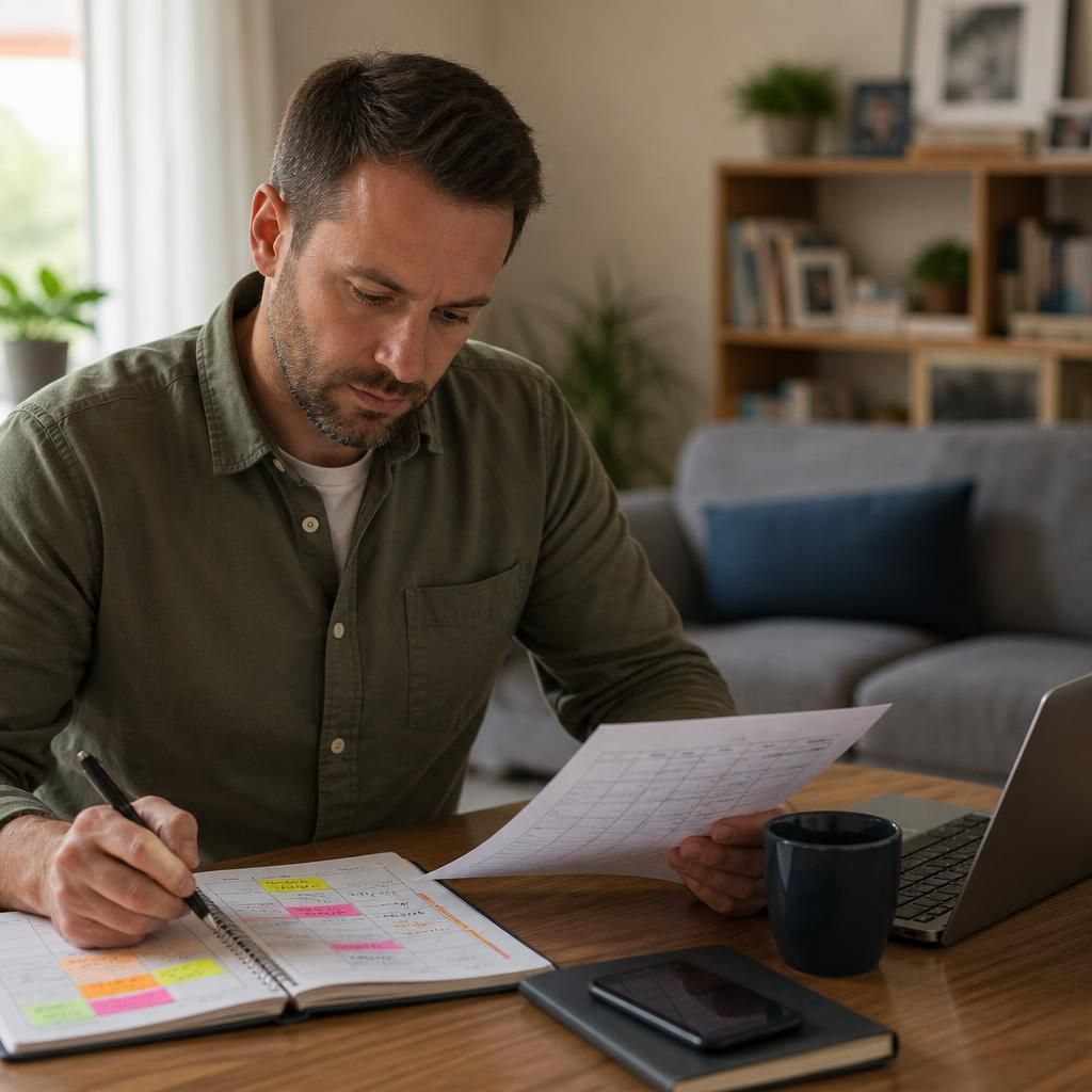 Foster carer reviewing a work calendar and respite placement dates at home