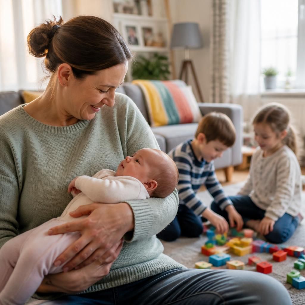 Foster carer holding an infant while children play nearby