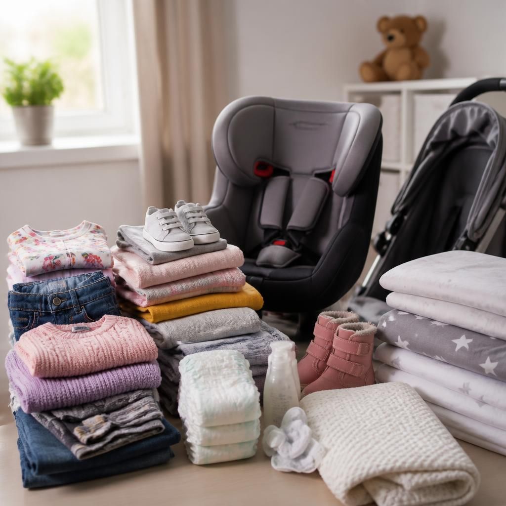 Children’s clothing, bedding and age-appropriate care equipment arranged together