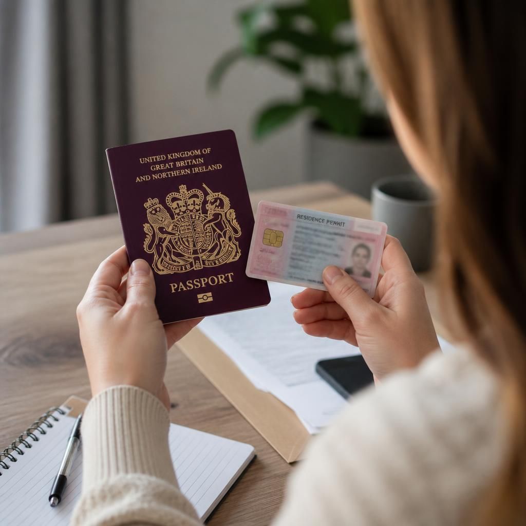 Person reviewing a passport and UK residence permit documents