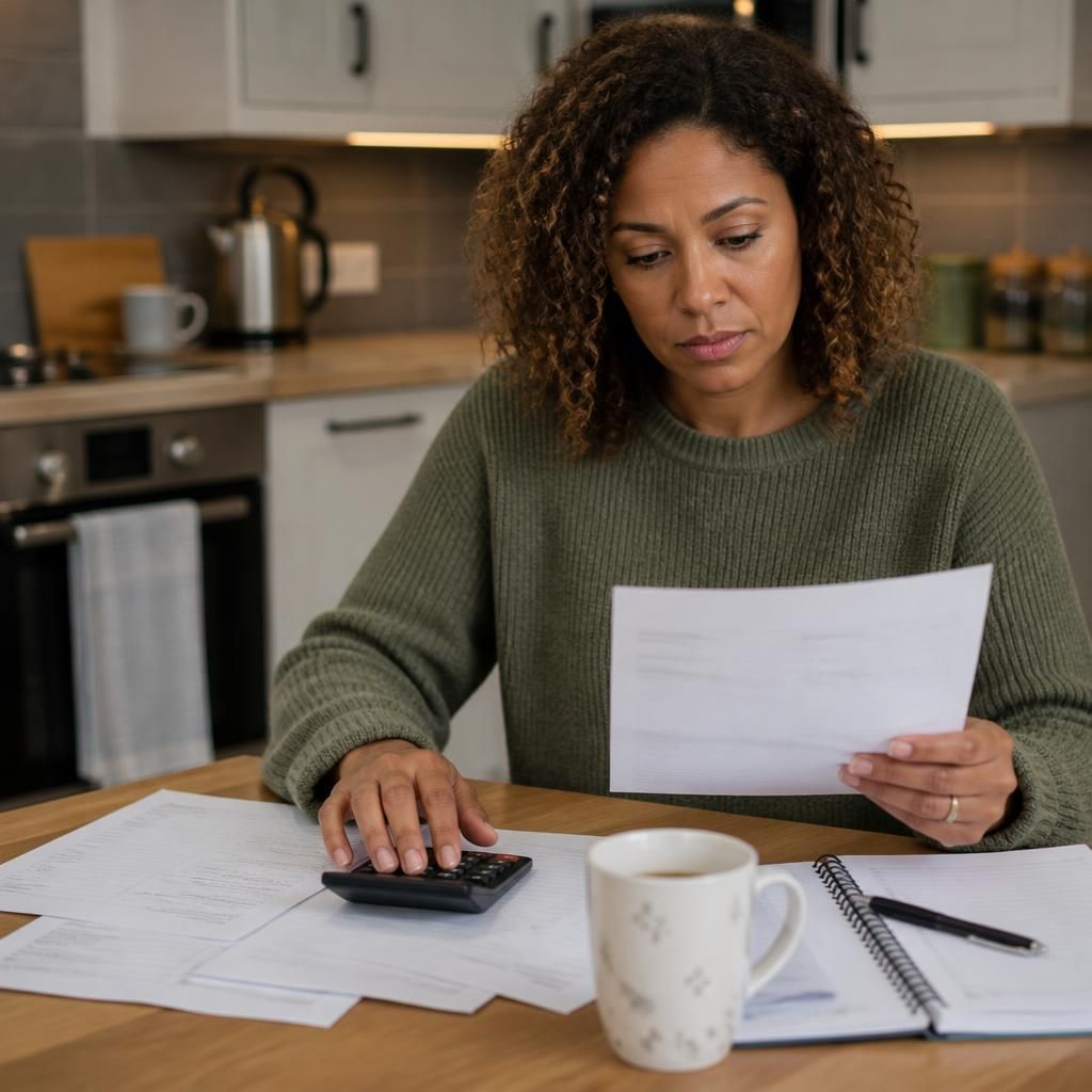 Foster carer reviewing application paperwork and assessment expenses at a kitchen table