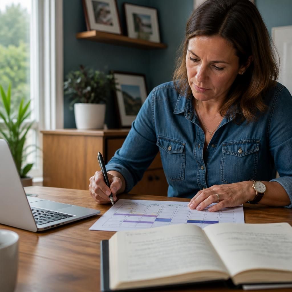 Foster carer reviewing a weekly schedule beside a laptop and notebook