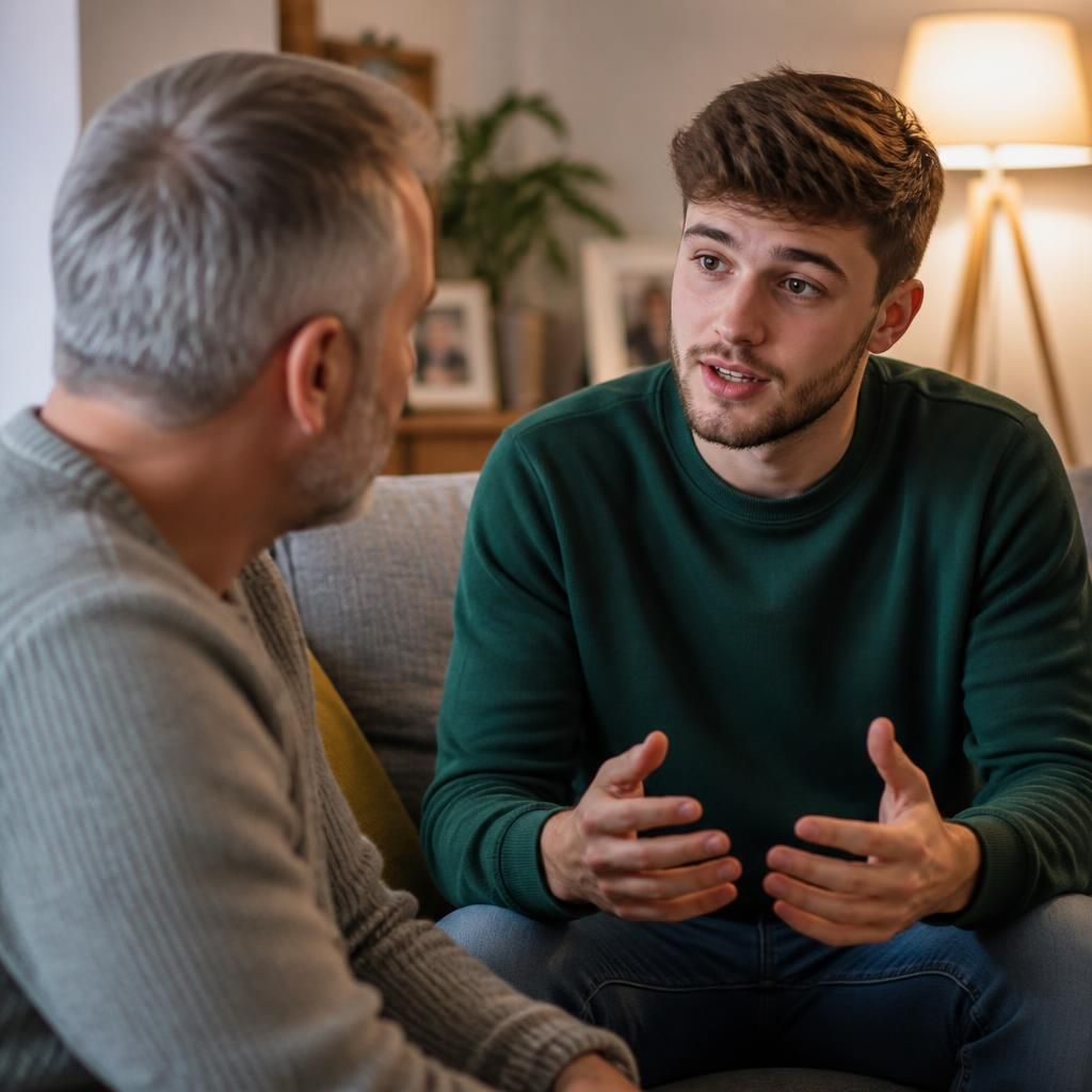 Young foster carer speaking with a family member at home
