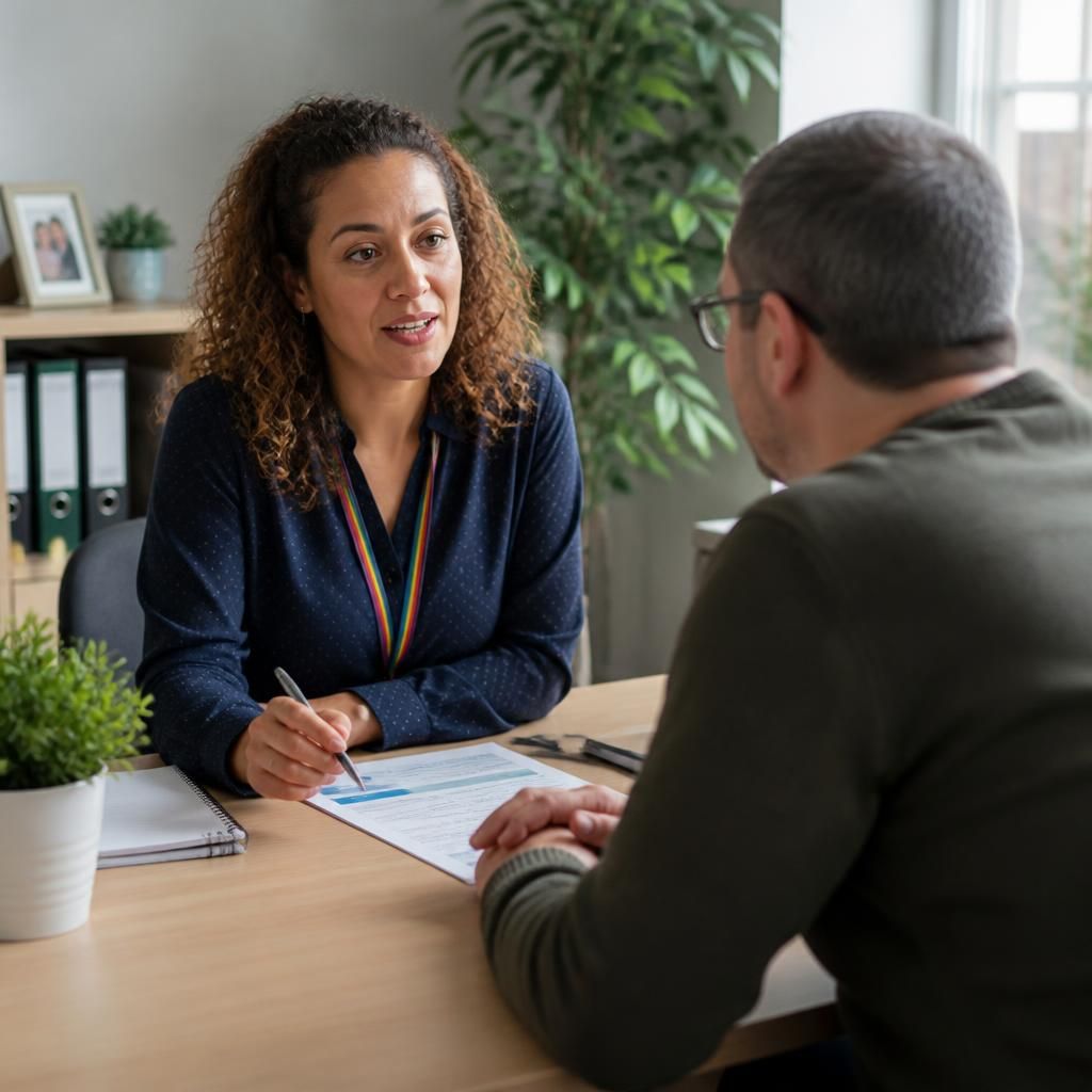 Single adult speaking with a fostering adviser at a desk