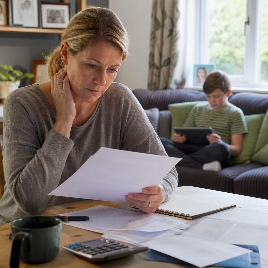 Kinship carer reviewing paperwork at home with a child nearby
