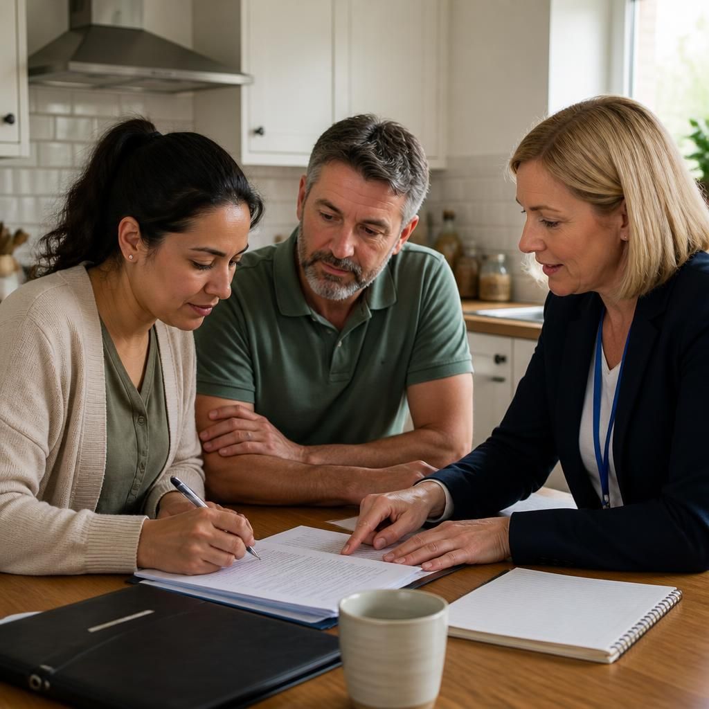 Foster carers completing assessment paperwork with a social worker at a kitchen table